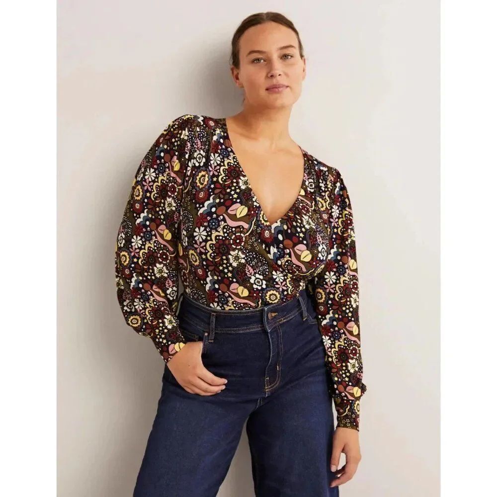 Boden Womens Blouson Wrap Top Floral UK 10 US 6 Multicolor Long Sleeve NWT